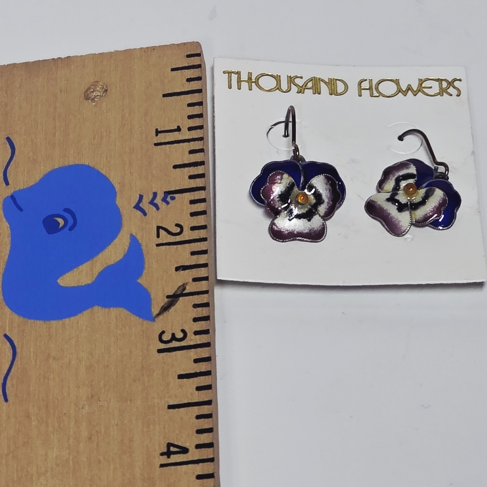 NEW Vintage Thousand Flowers Enamel Pansy Flower Sterling Silver Wire Earrings