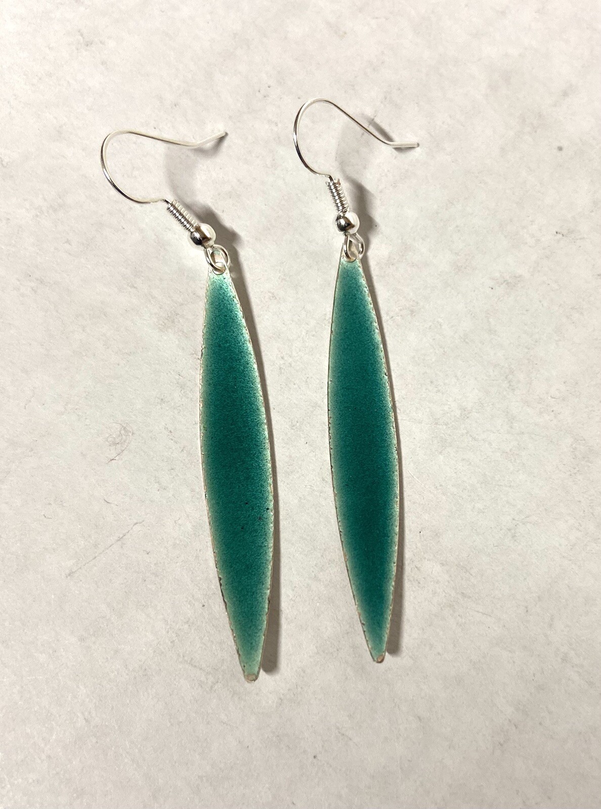 Vintage Green enamel on Silver long Dangle Pierced Earrings- 2″ long