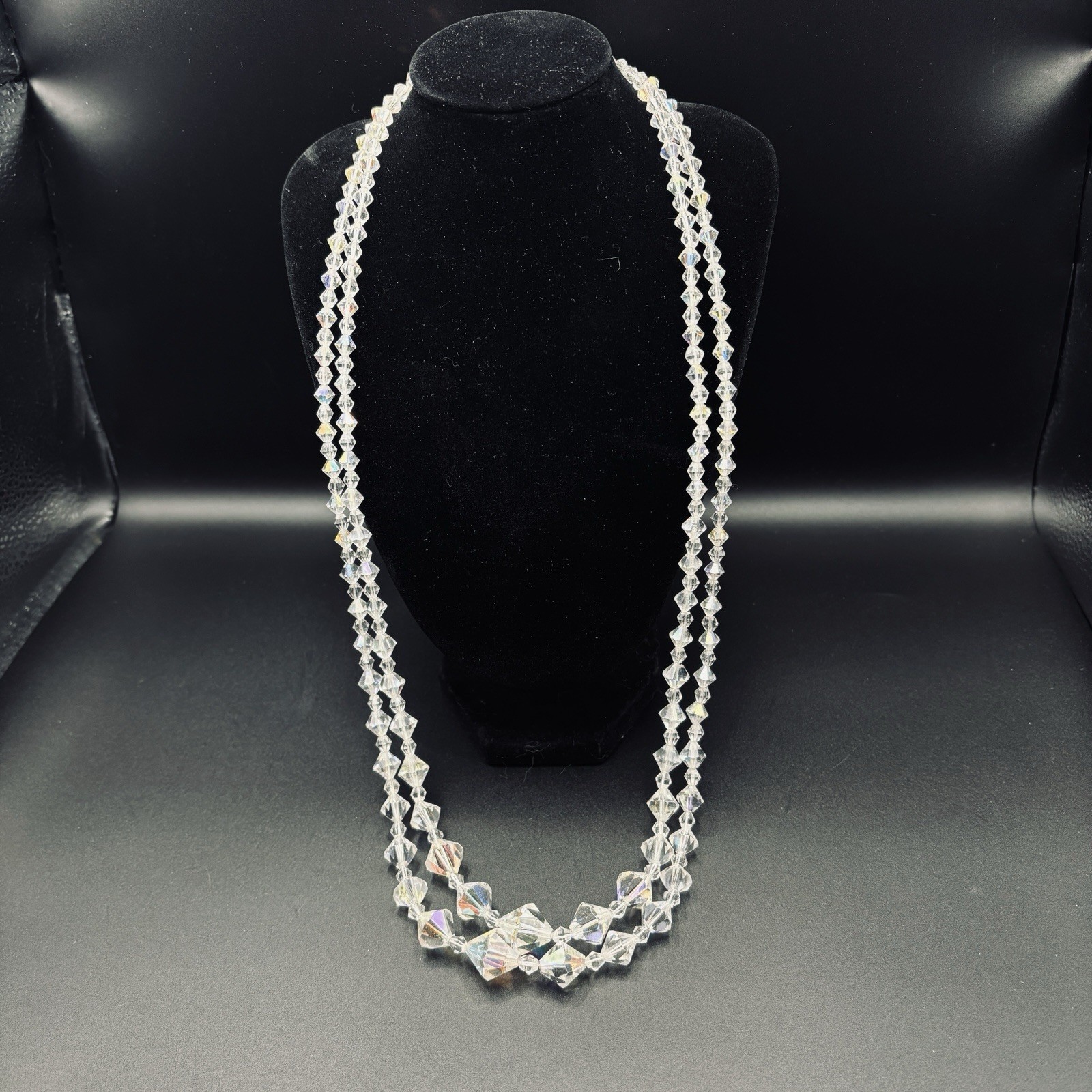 Double Strand Aurora Borealis Faceted Bicone Crystal Graduated Necklace 27” VTG
