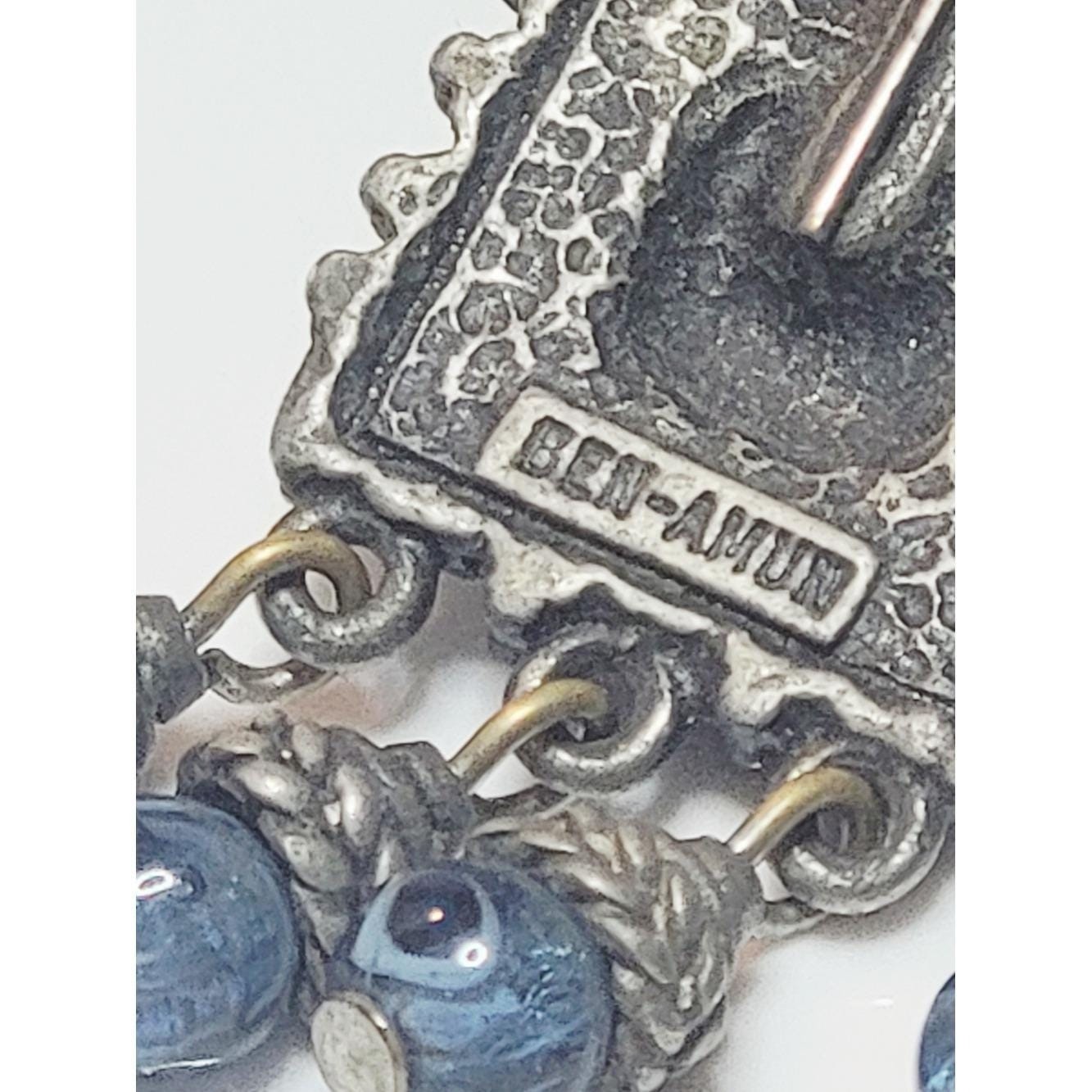 Ben-Amun Blue Glass Cabochon Rhinestone Dangle Earrings Antique Silver Tone 2″