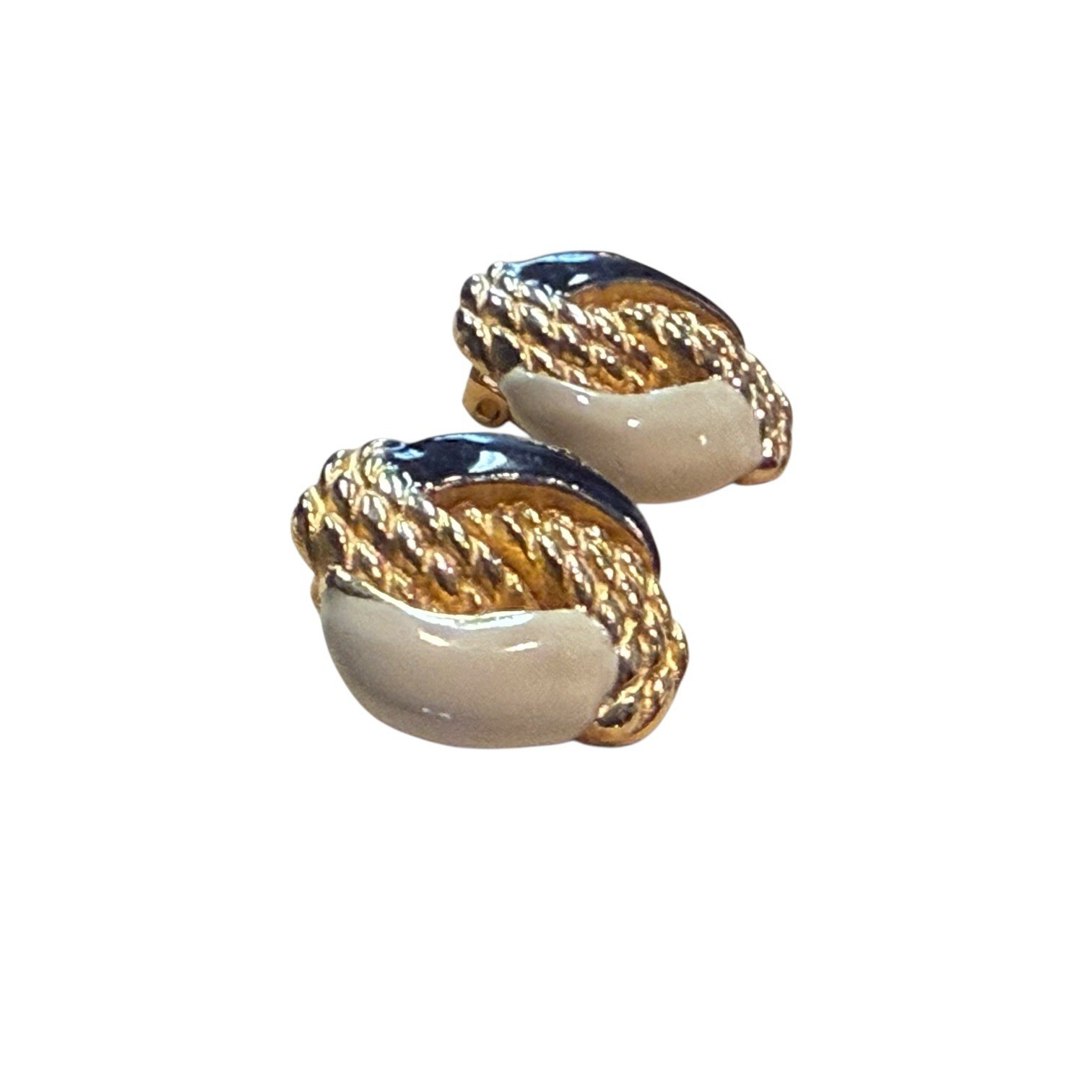 GAY BOYER Gold Tone & Navy Clip On Earrings Enamel Cream Navy 90s Fashion Retro