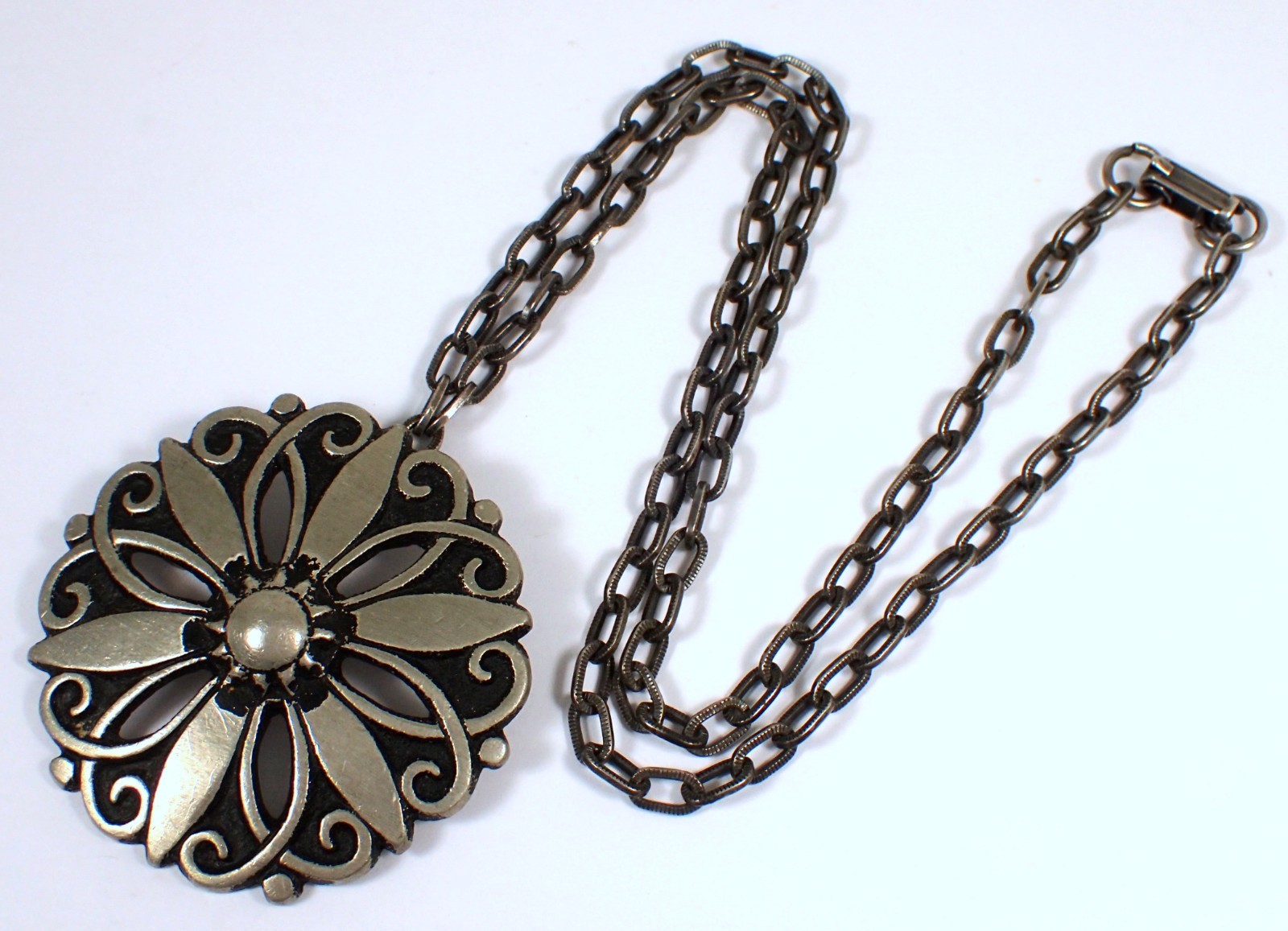 HUGE Vtg MCM Borje Tennung Sweden BT T9 Pewter Flower Brooch Pendant Necklace