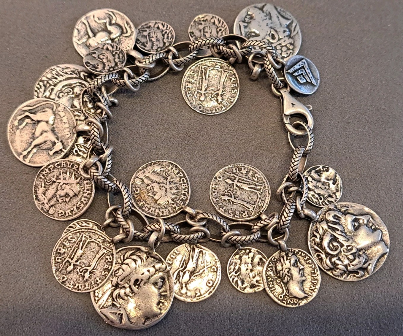 Silpada Sterling Silver Roman Coin Cha Cha Charm Bracelet 8″ Adjustable 66 grams