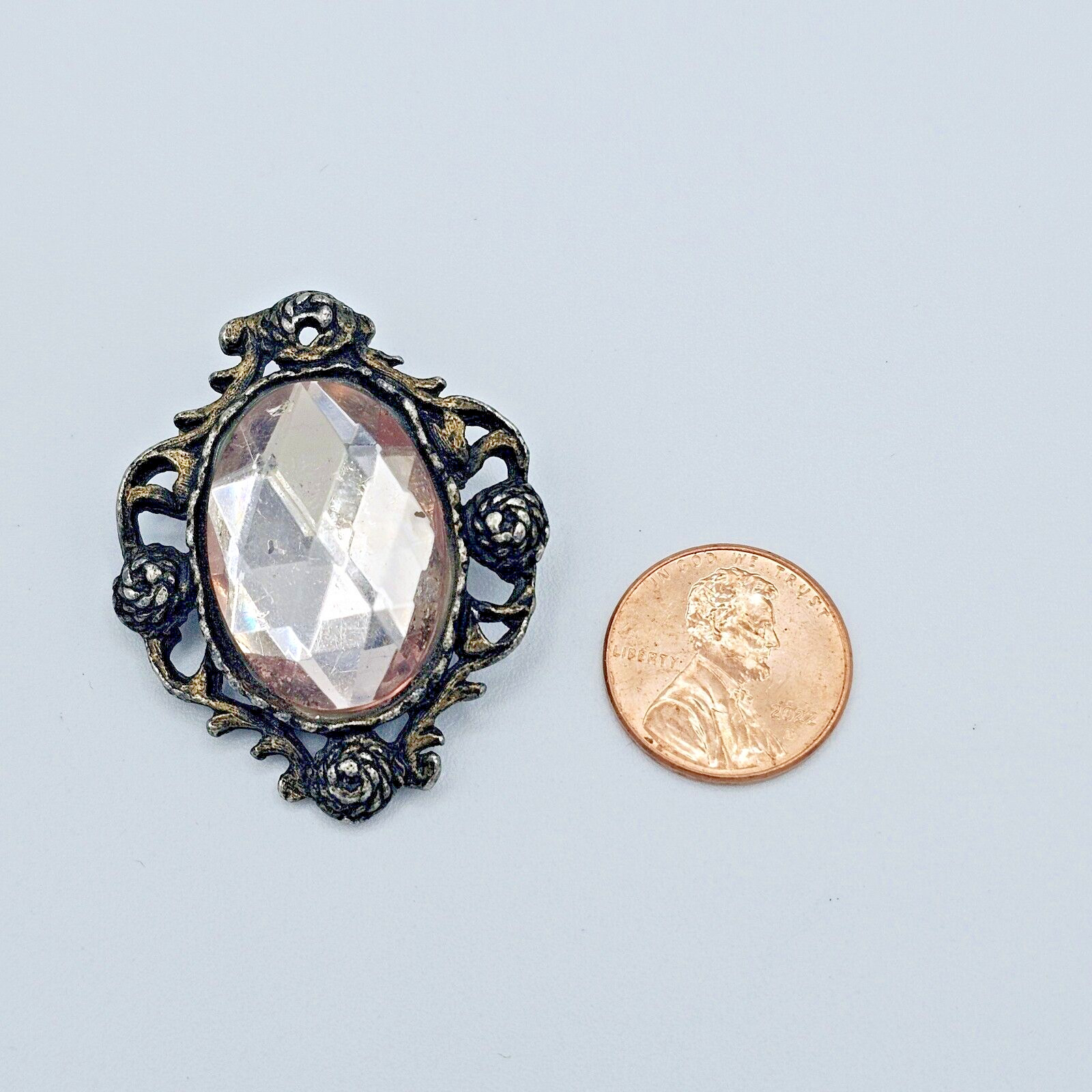 Victorian Faceted Gem Brooch Pendant Vintage Pale Pink Rope Flowers Estate Pin