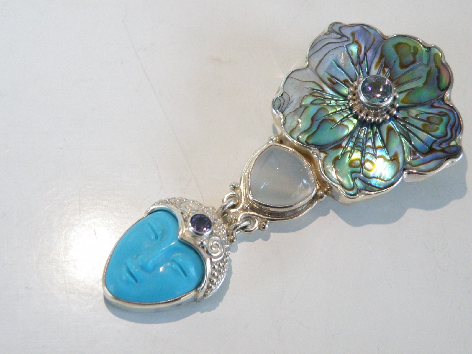 Sajen Sterling Silver 925 Large Carved Turquoise Goddess Brooch Pin Pendant