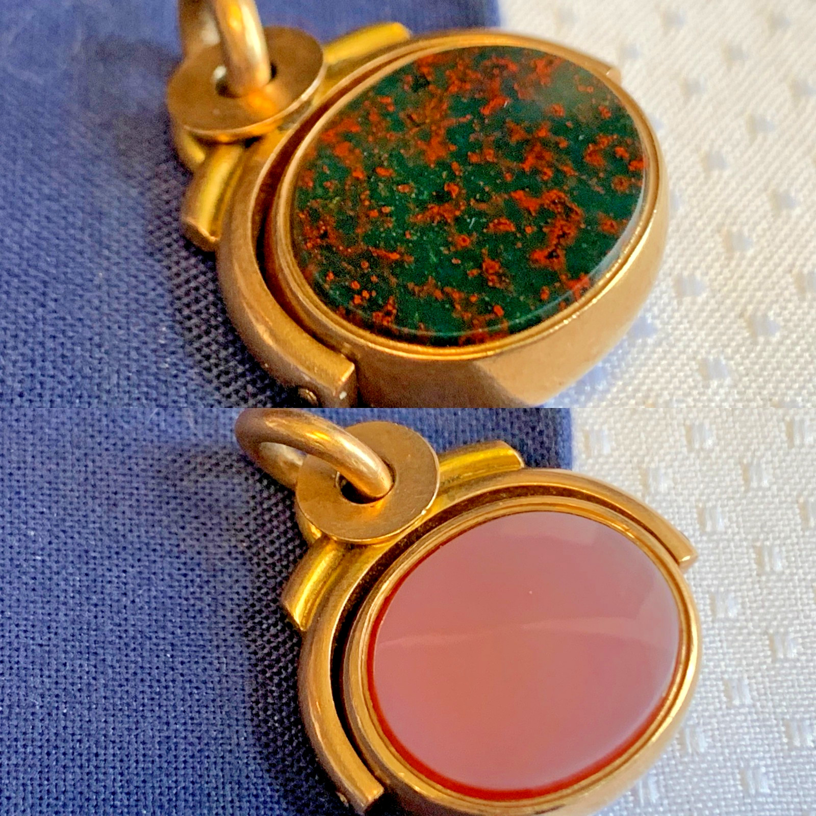 Antiq Yellow Gold Pocket Watch Fob Rotating Pendant Bloodstone Carnelian 10.19g