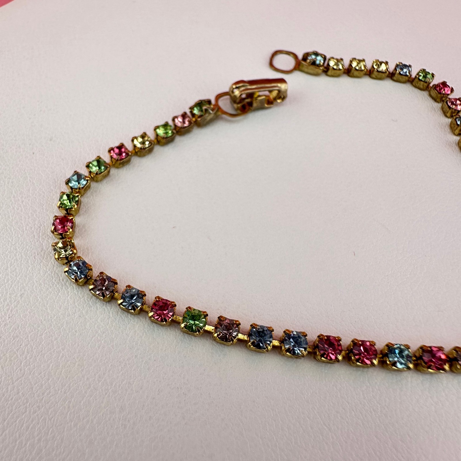 Vintage Rhinestone Bracelet Pastel Multi Color Gold Tone Tennis Cup Chain 6.75″