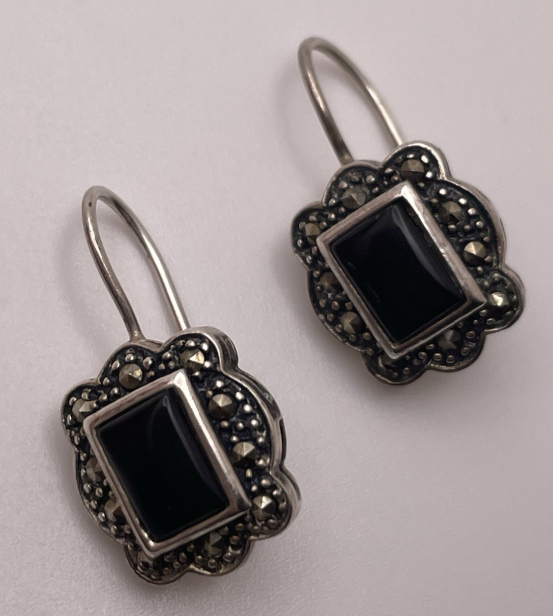 Vintage Sterling Silver 925 Onyx Marcasite Hook Earrings Dee Berkley DBJ 7/8”