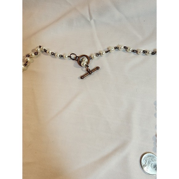 Vintage International Coin and Faux Pearl Charm Necklace Copper Toggle Clasp