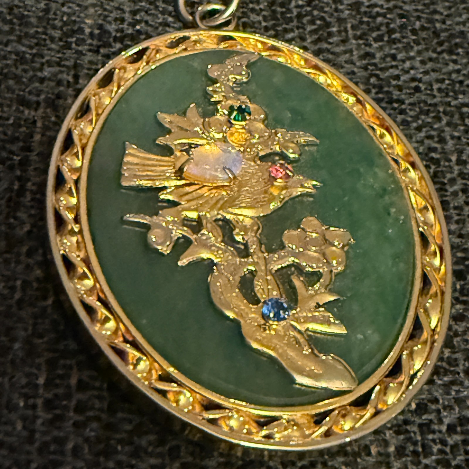 VTG Chinese Jade Pendant Opal Ruby Sapphire Emerald Bird Gold Tone Reversible Fu
