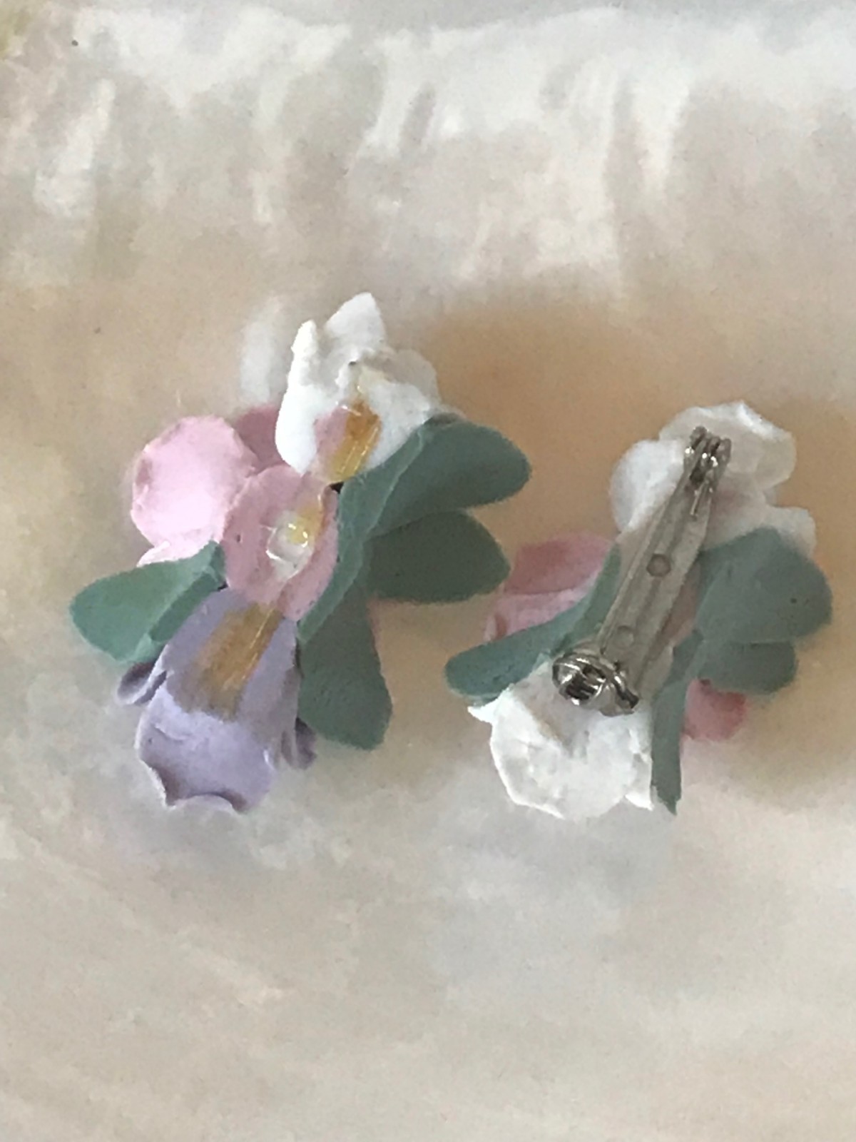 Estate Lot of 2 Purple Pink White Dimensional Porcelain Pin Brooch – AS-IS – 1.5