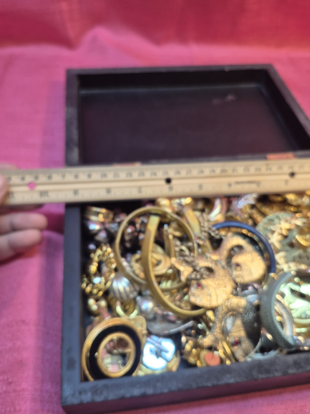 Vintage Costume Jewelry Lot w Wooden Box Mixed Singles Craft 60+ Pcs