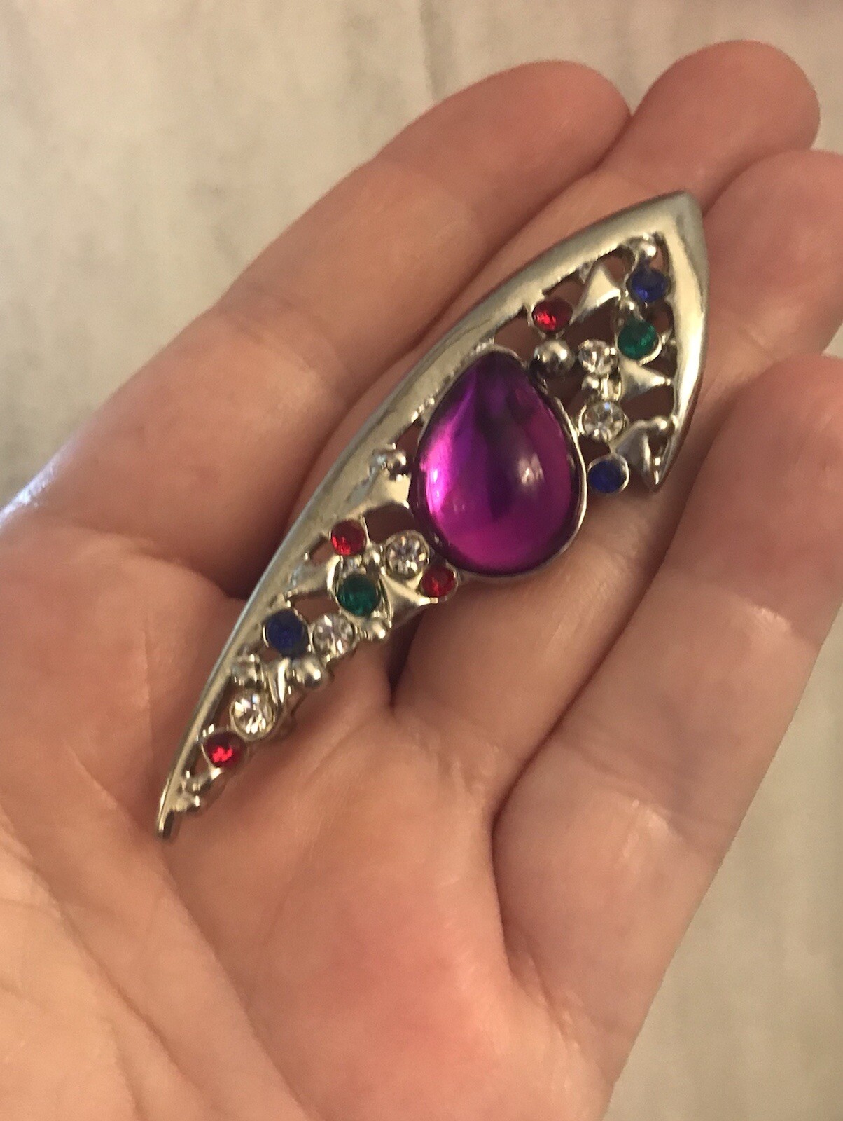 Colorful 80’s Look Brooch Purple Cabochon Central Stone w/White Red Green Blue