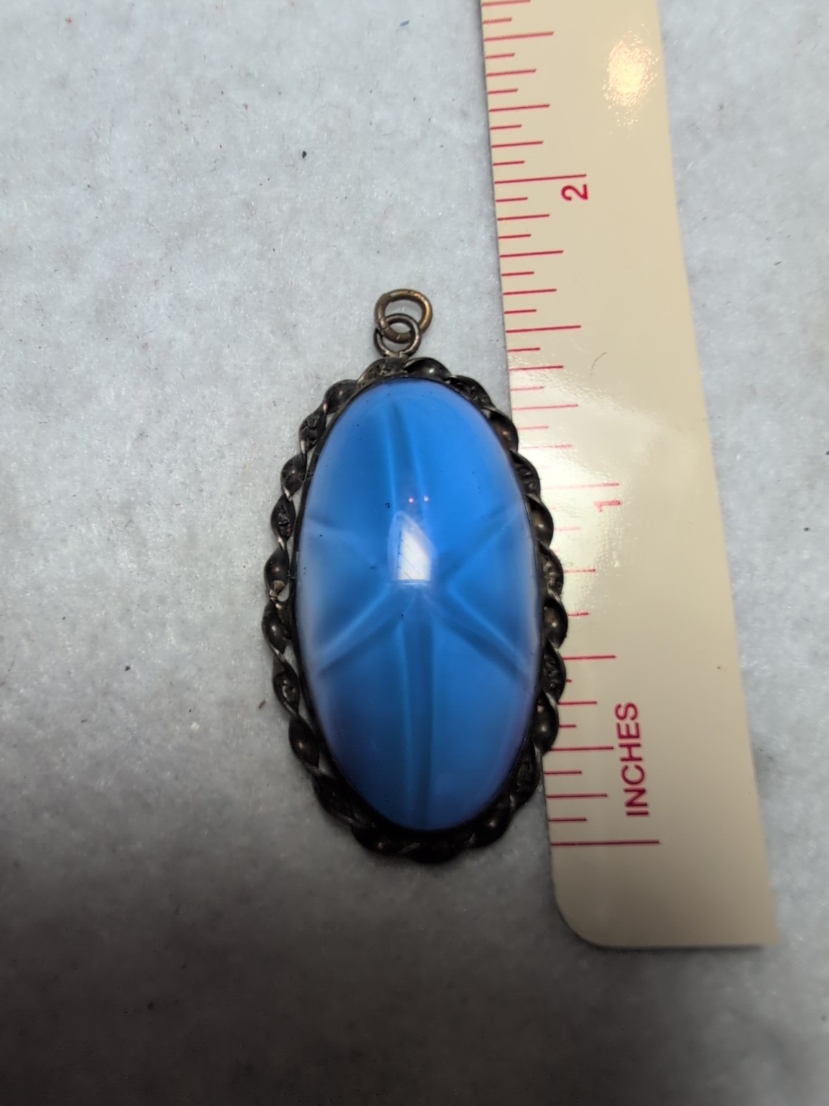 Vintage Art Deco Sterling Silver Blue Glass Star Sapphire Pendant, 1 1/2 Inch