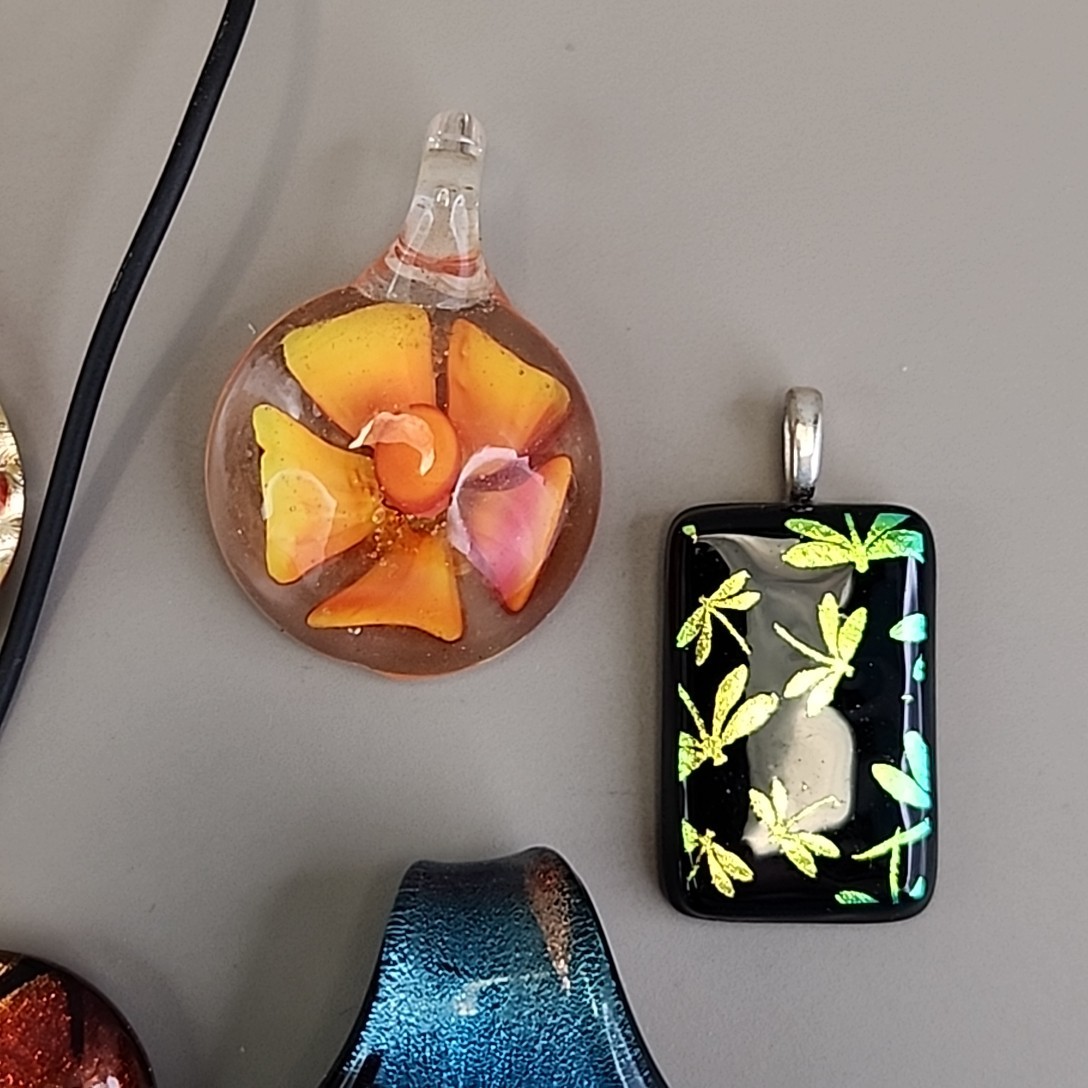 Vintage Glass Pendant Lot of 8 Red Artisan Foiled Fused One Cord