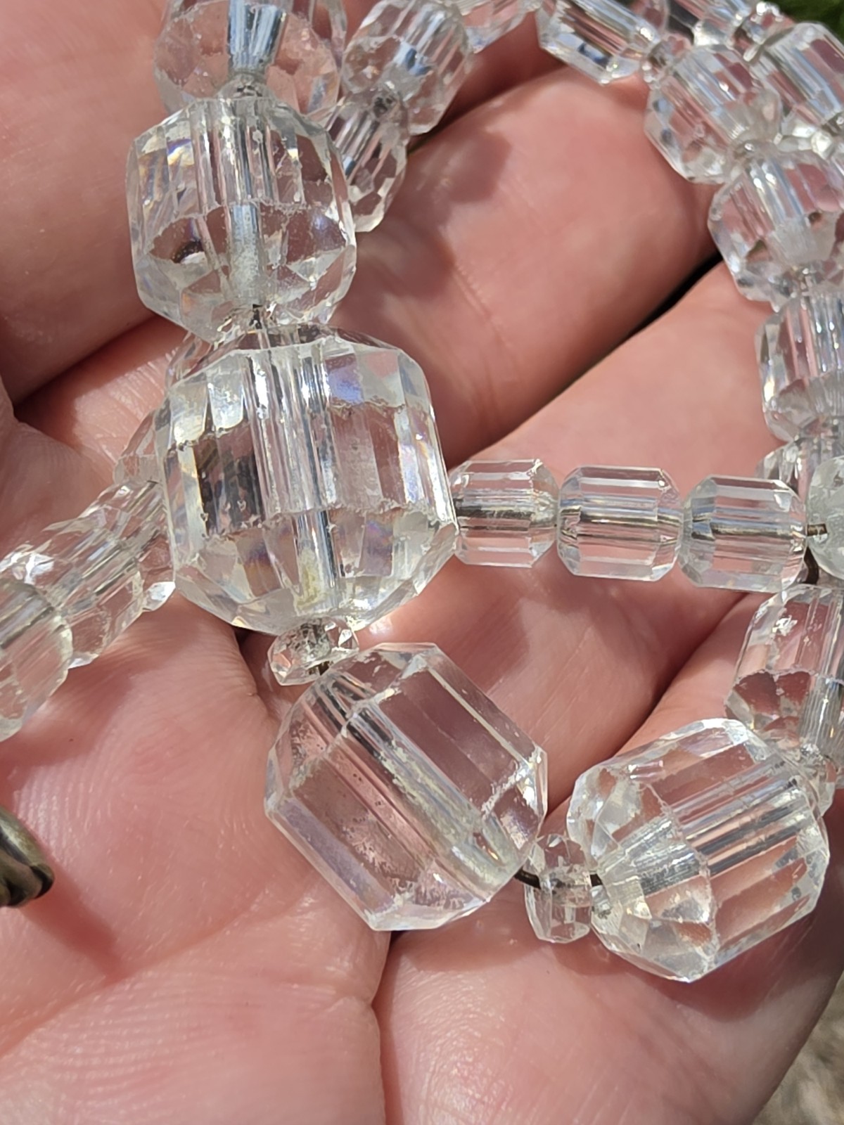 Vintage Clear Faceted Crystal Glass Cube Cut Bead Necklace Art Deco Style 15”