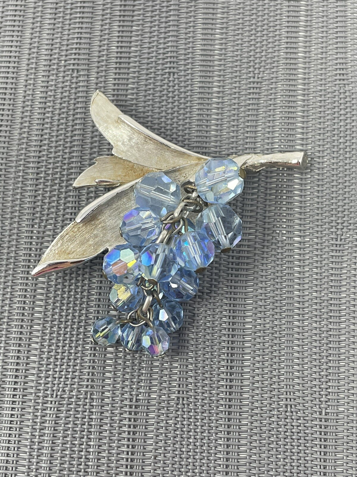 Vintage Silver Tone Blue AB Crystal Dangle Grapes Brooch Waterfall Articulating