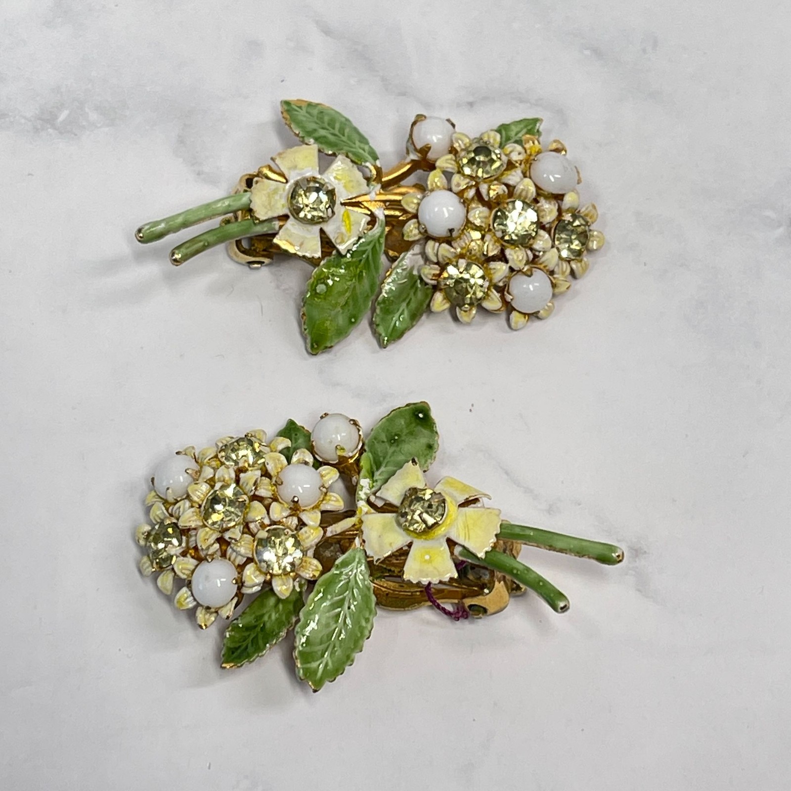 Vintage Signed Robert Floral Bouquet Clip-On Earrings White Enamel Faux Pearl