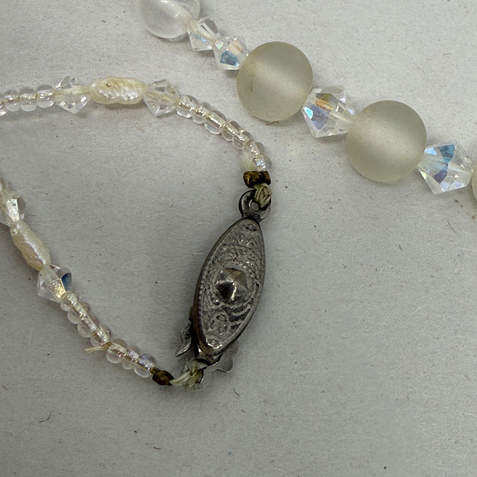 Vintage Frosted Glass AB Crystal Pearl Beaded Necklace Filigree Clasp Iridescent