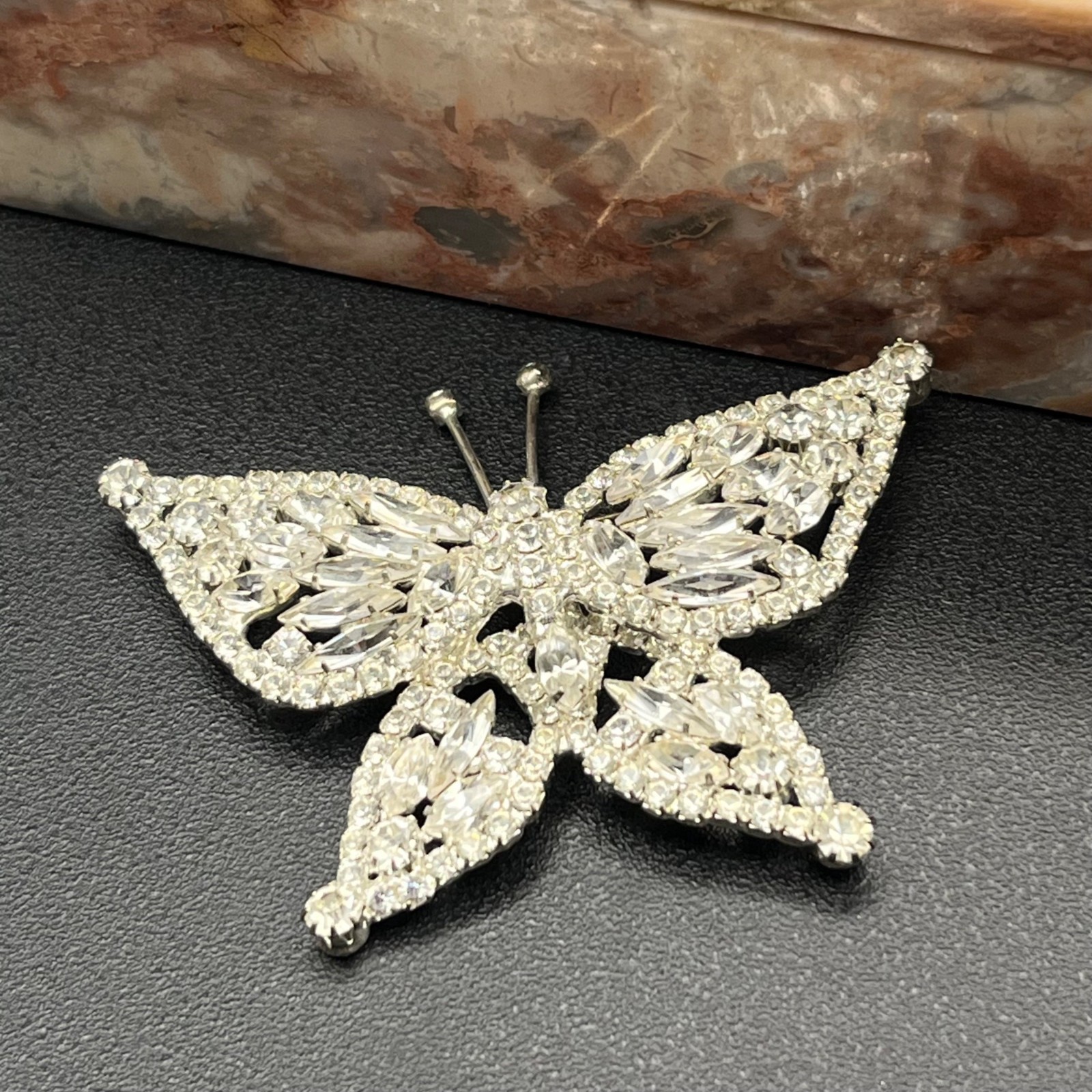 Mid Century Rhinestone Butterfly Brooch Silver Tone Navette Wings