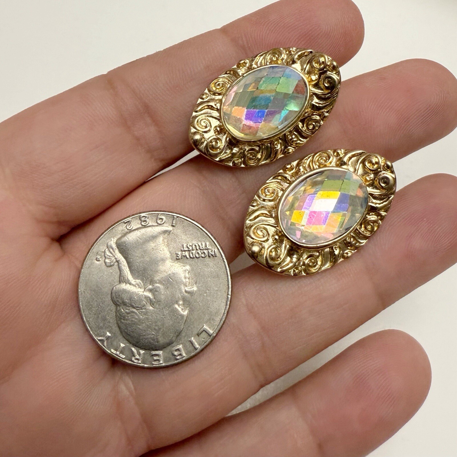 Vintage AB Glass Faceted Crystal Ornate Oval Curved Goldtone Clip On Earrings