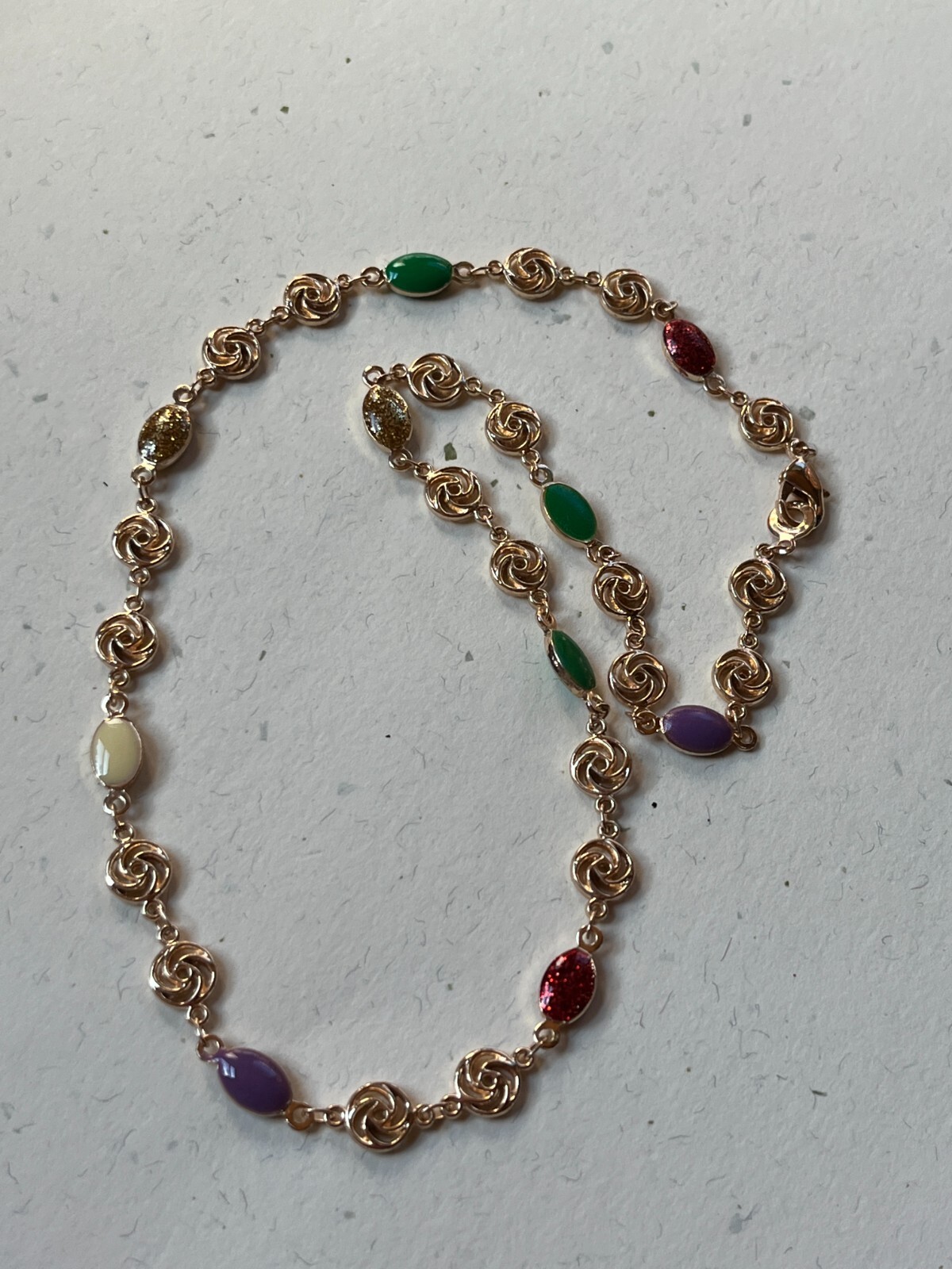 Small Goldtone Rose Flower w Red Green Cream Purple Enamel Oval Link Necklace –