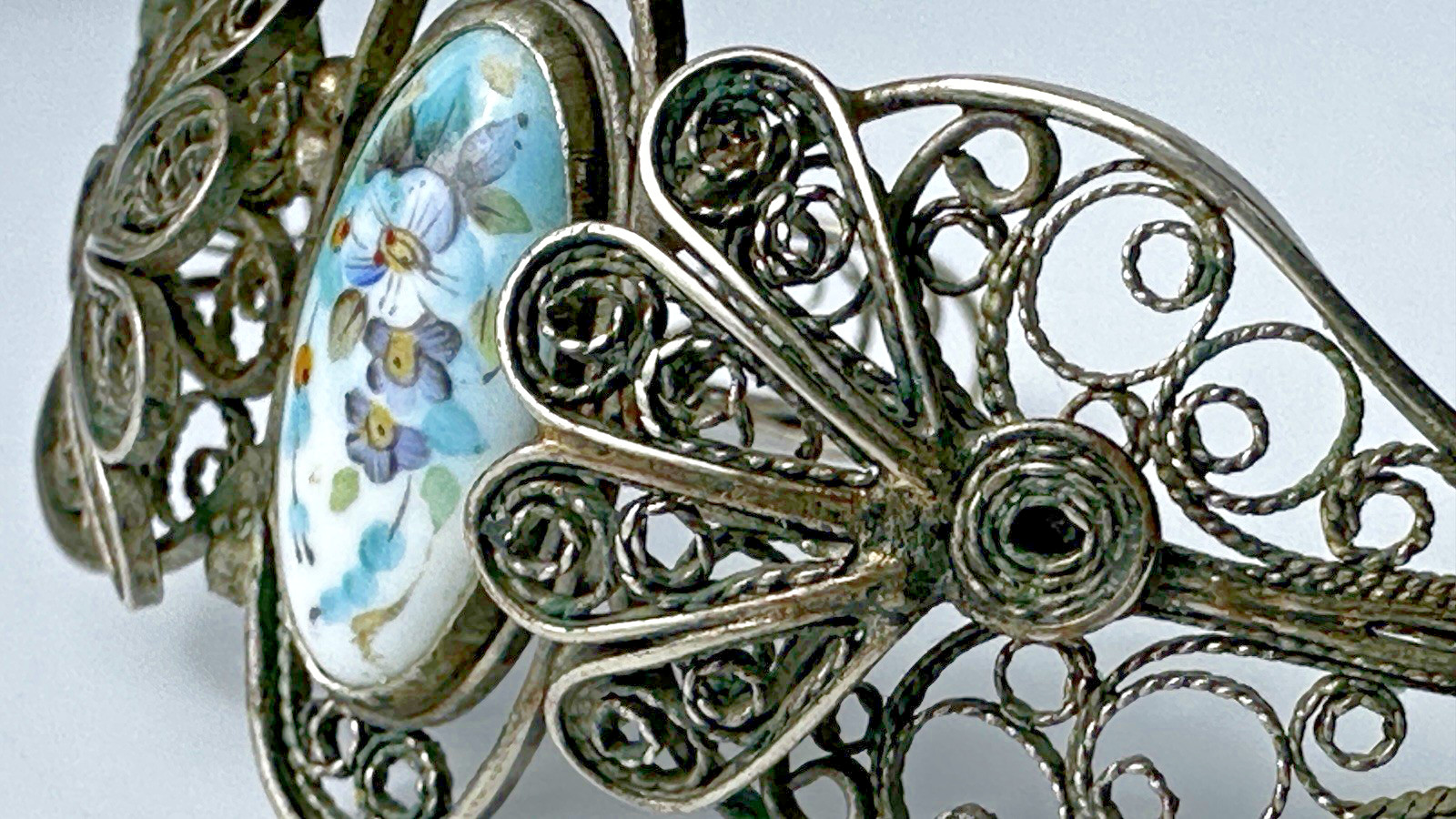 Vintage Painted Floral Motif Enamel Cuff Bracelet W/ Ornate Filigree