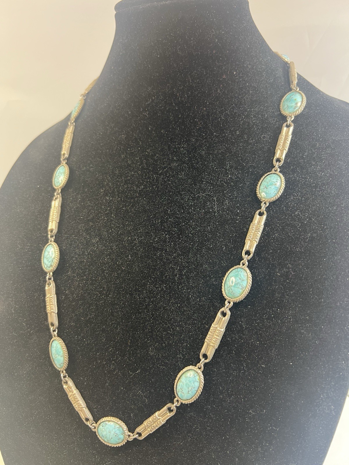 Vintage ACCESSOCRAFT NYC Bezel Set Faux Turquoise Bar Link Silver Tone Necklace
