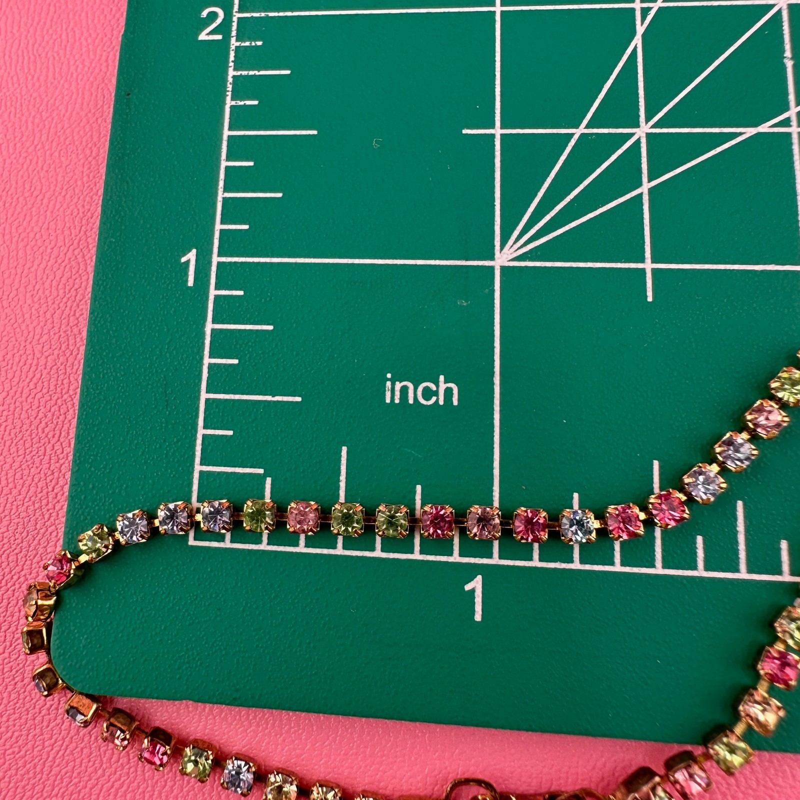 Vintage Rhinestone Bracelet Pastel Multi Color Gold Tone Tennis Cup Chain 6.75″