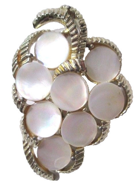 PRETTY MOTHER OF PEARL DISK BUNCH OF GRAPES PIN BROOCH GOLD TONE ACCENTS FRUIT
