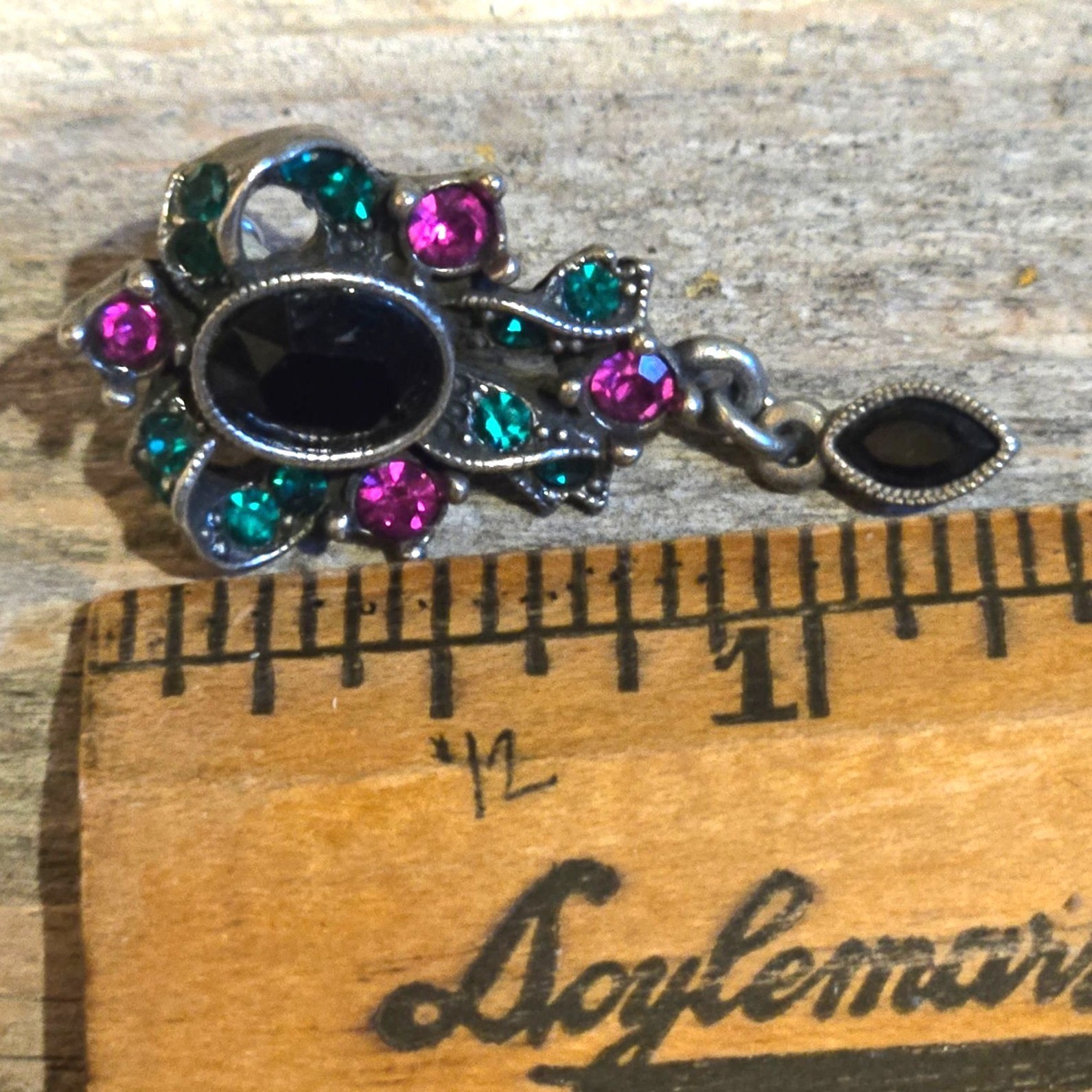 1928 Vintage Dangle Earrings Black Cabochon Pink Green Crystal Drop Bow shaped