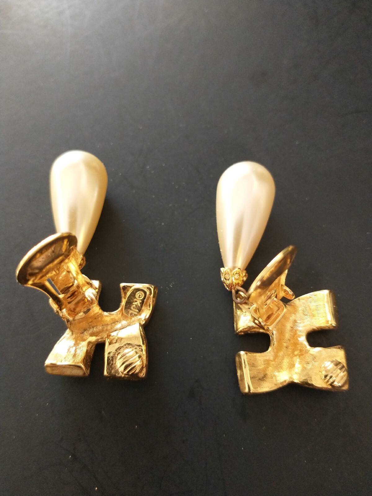 Vintage Kjl Kenneth Lane Faux Pearl Drop With Rhinestones Clip Earrings Signed