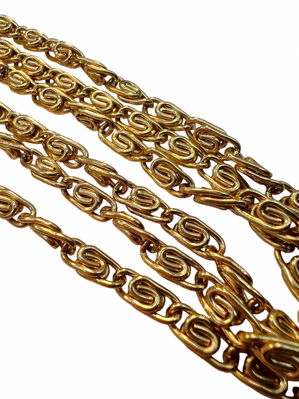 Gold Sautior Flapper Necklace 52” Eloxal Plated Aluminum 1970s Swirl Link B8