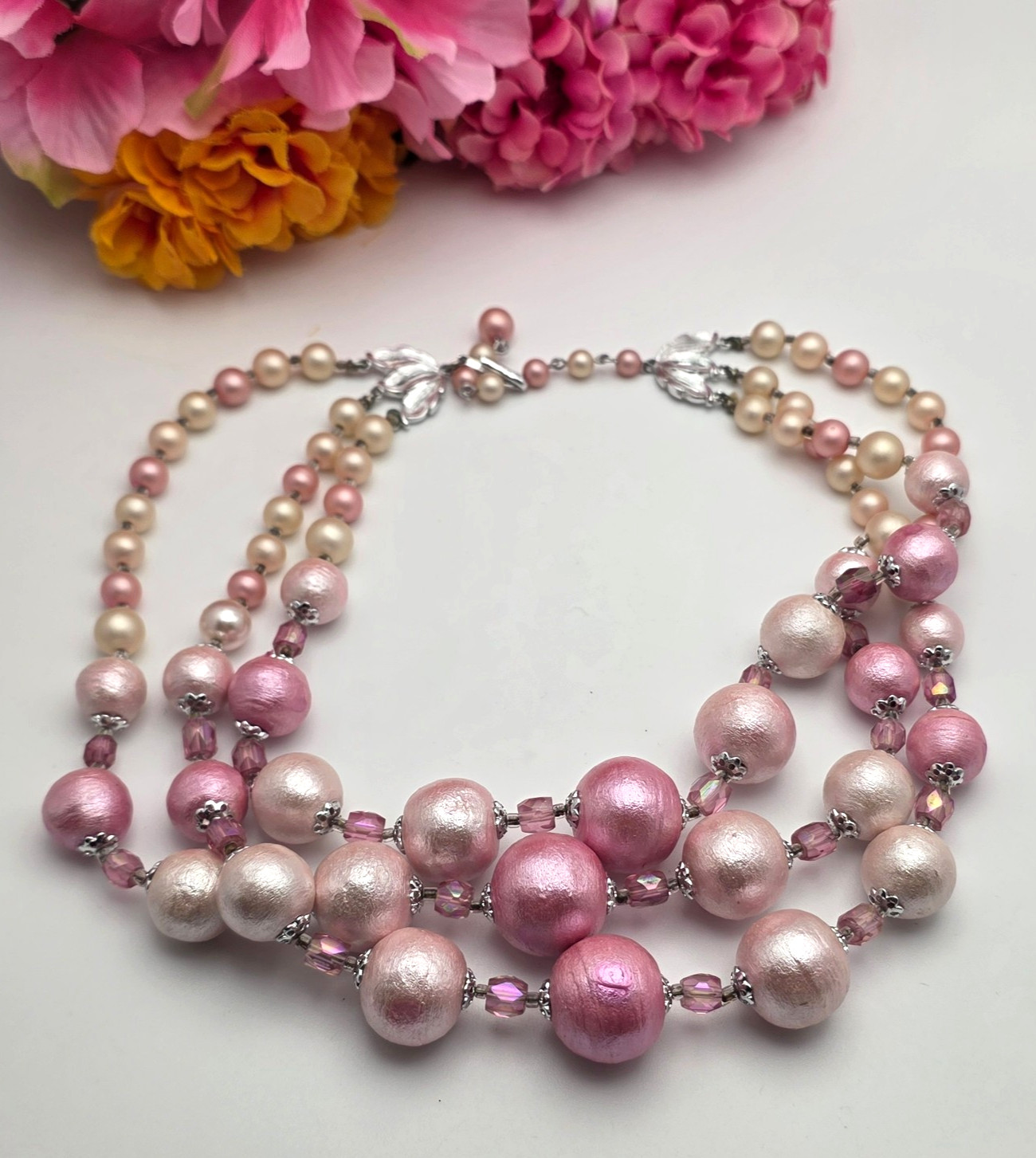 Vintage Japan Pink Faux Pearl Triple Strand Layered Necklace Crystal 17”