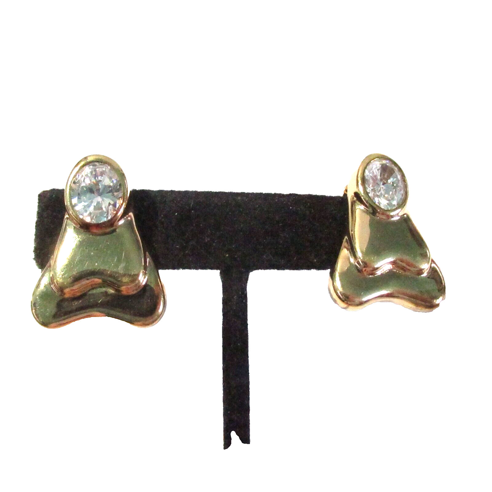 Vintage Gold Tone Plated Metal Odd Shape Crystal Clip-On Earrings