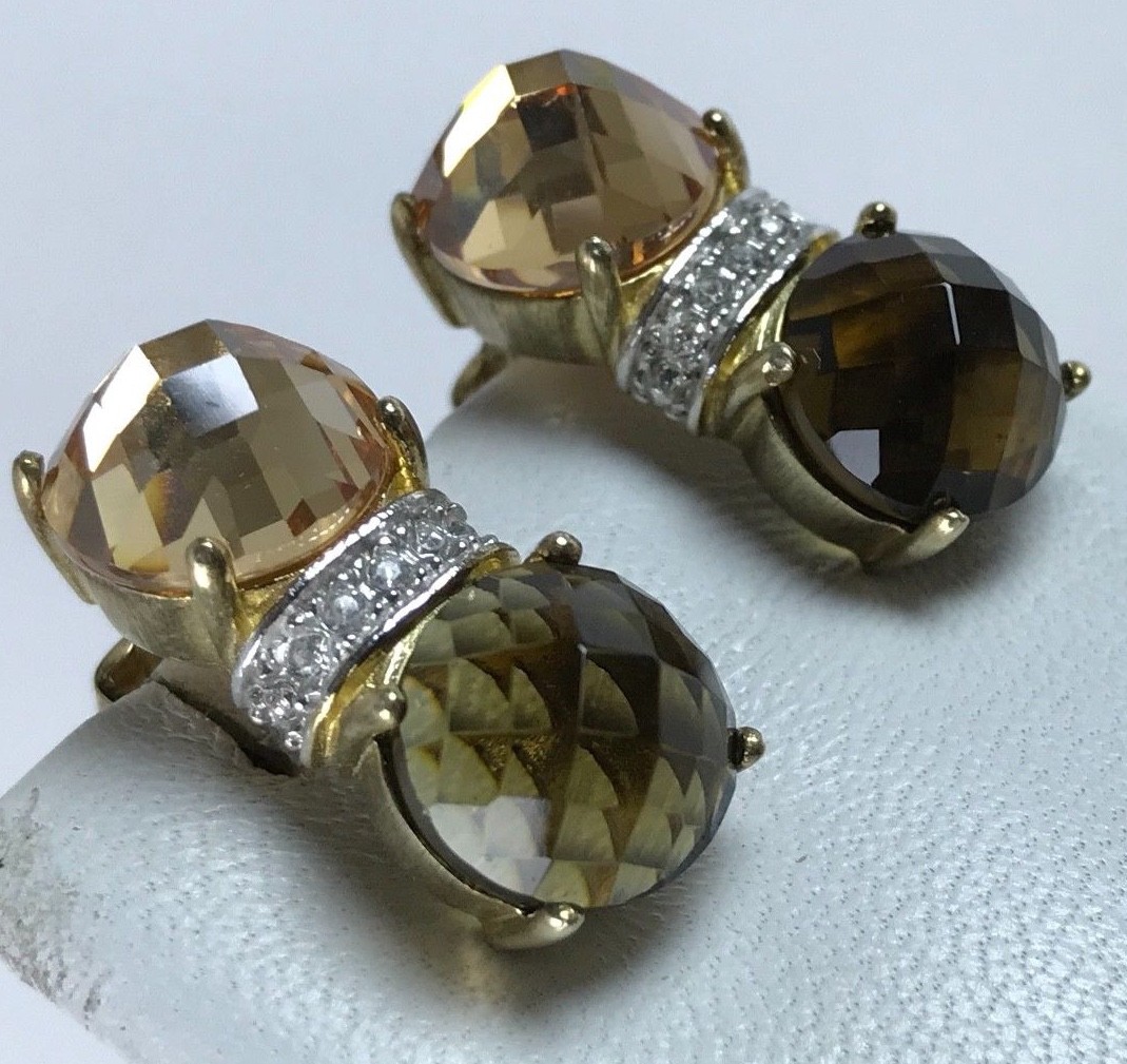 Vintage Yellow Gold Costume Brown Peach Rhinestone Clip Earring
