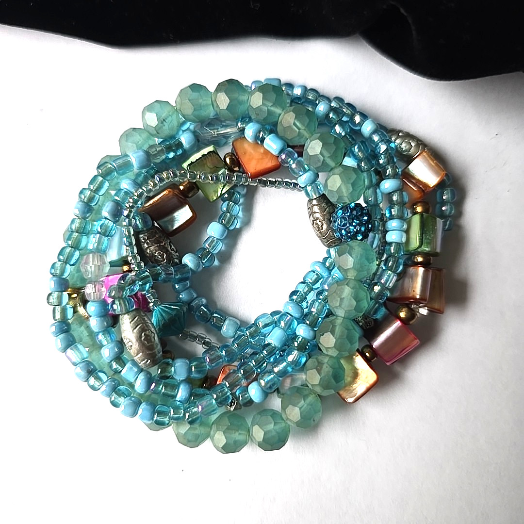 Vintage Glass Beads Stretch Bracelets Lot Of 7 Blue Shade