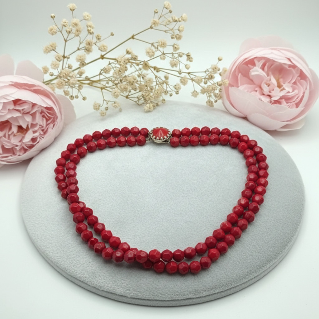 Vintage Double Strand Red Faceted Bead Necklace Box Clasp 18 In Classic
