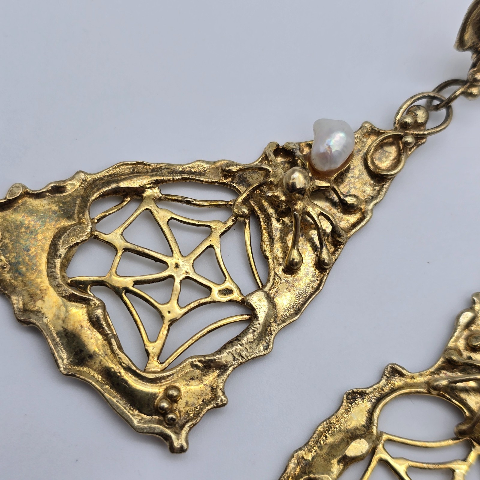 VTG Abstract Brutalist Spider Web Gold over Sterling Pearl Pendant Earrings Set