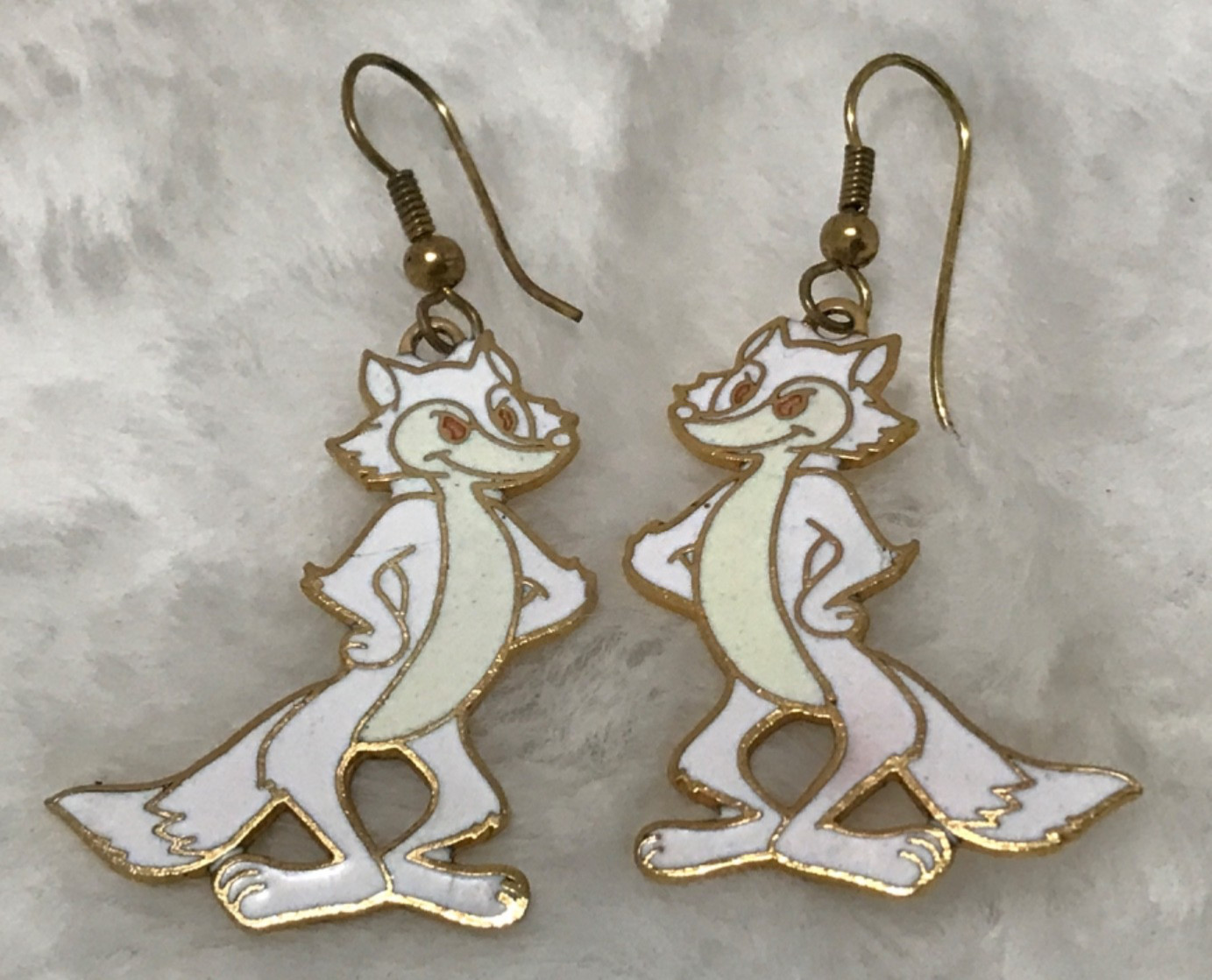 Vintage Enamel Gold White Whimsical Fox Dangle Pierced Earrings