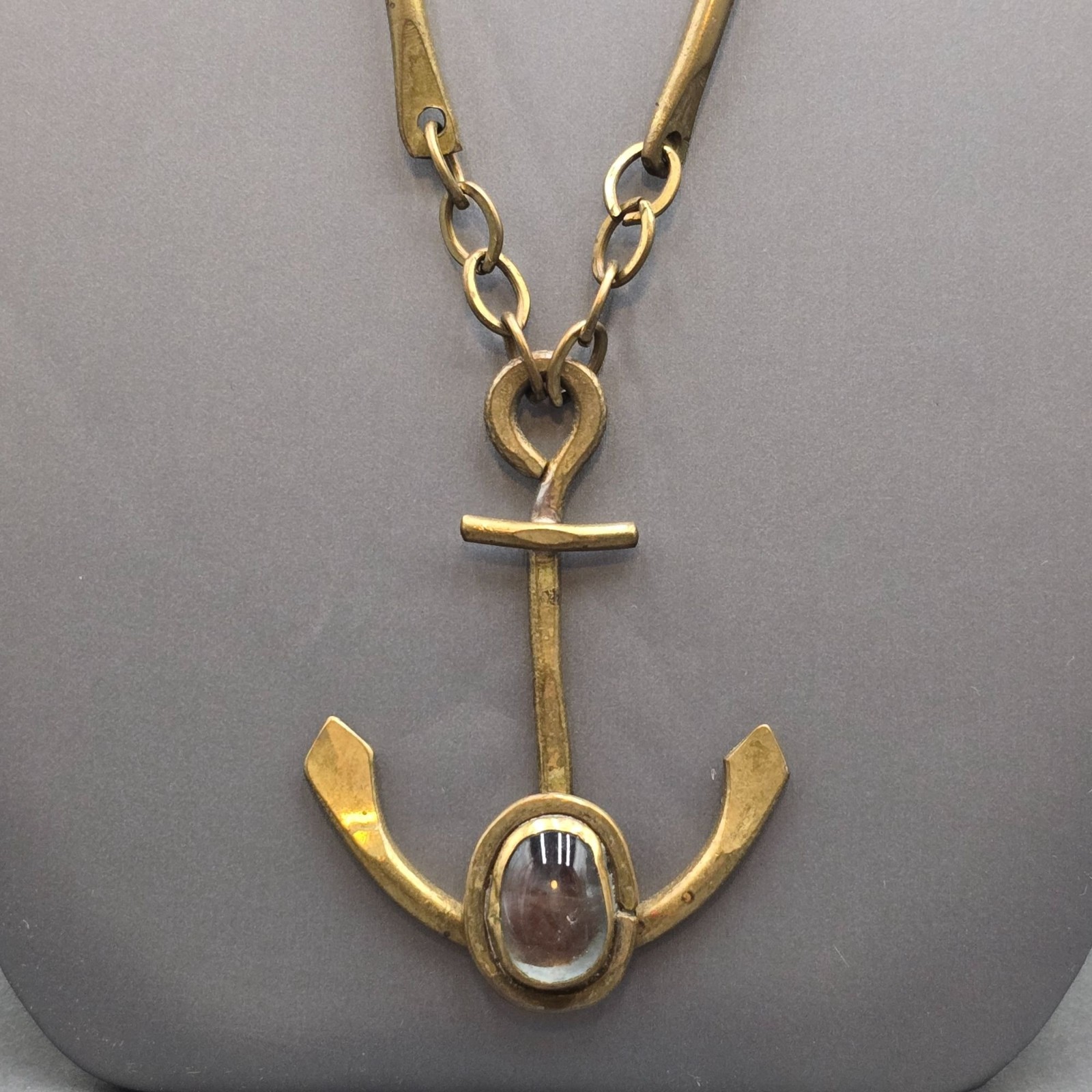 Vintage Brass Anchor Pendant Necklace Brutalist Glass Cabochon Statement Piece