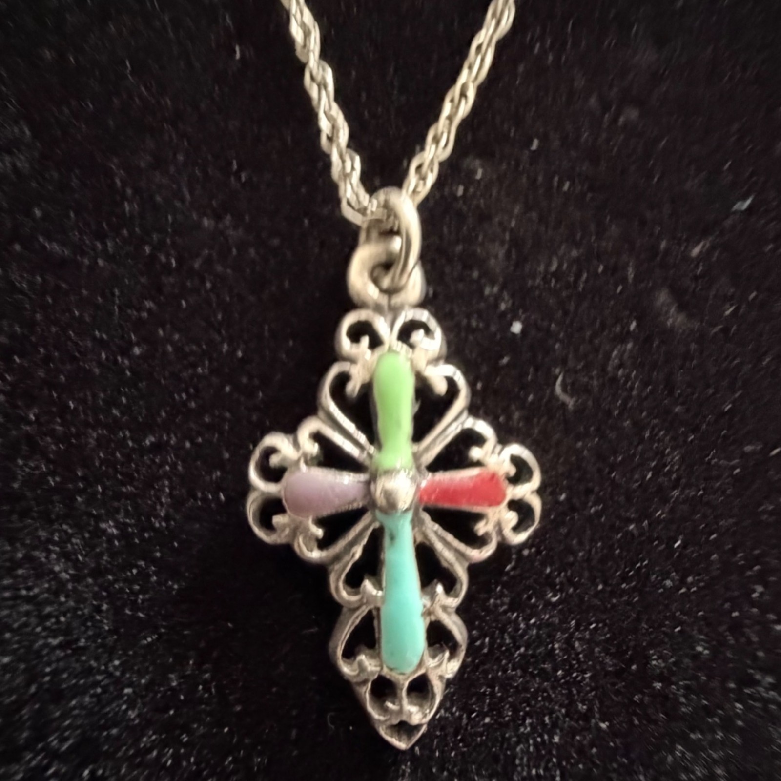 Vintage Sterling Silver Enamel Cross Pendant Necklace Filigree Multicolor 19″