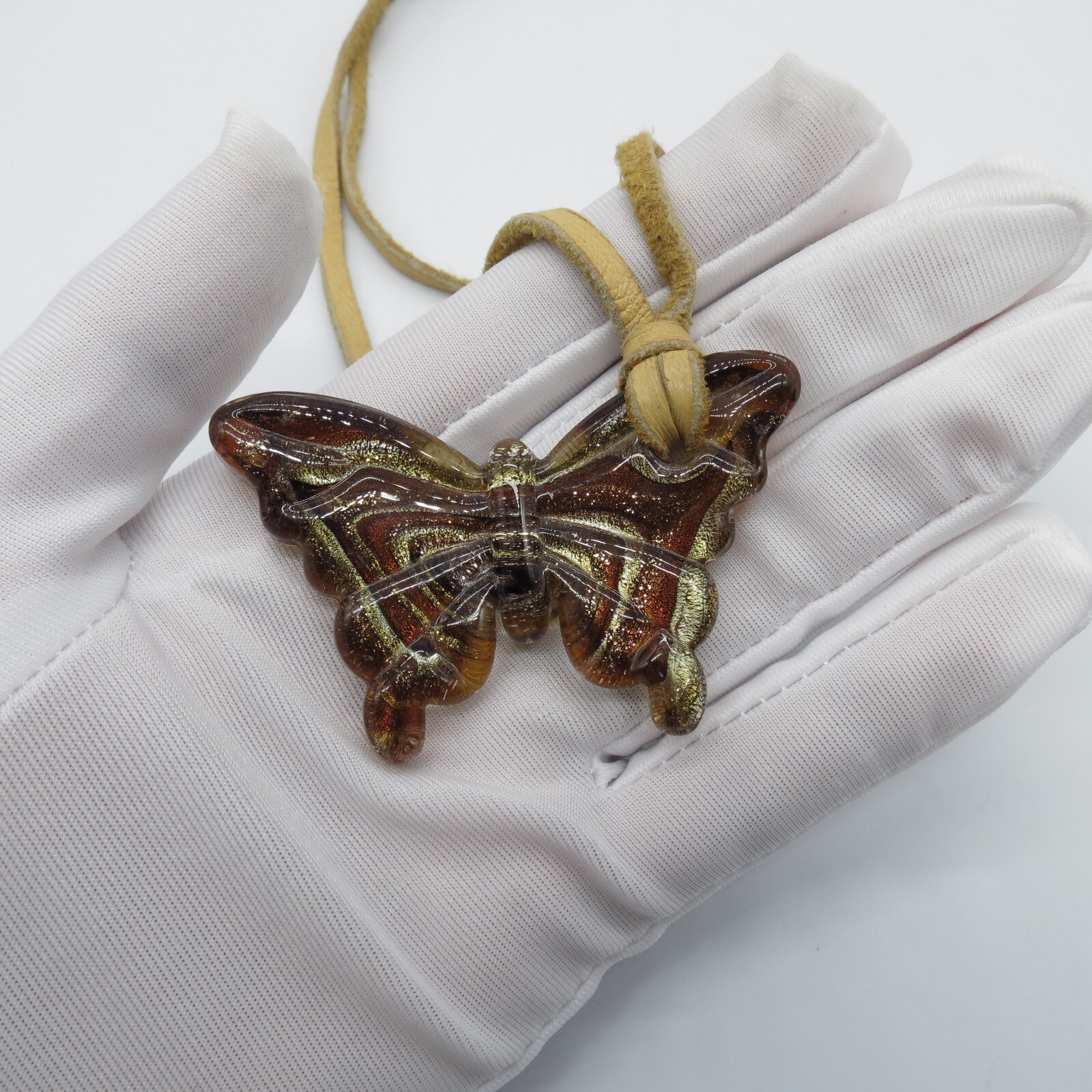 Art Glass Butterfly Pendant Necklace Brown Yellow Gold Foiled Glass 22″