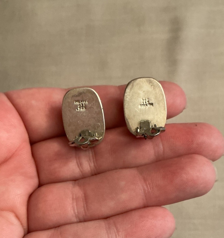 Vintage ATI Mexico Signed Puffy Sterling Silver Modernist Earrings Clip Curved