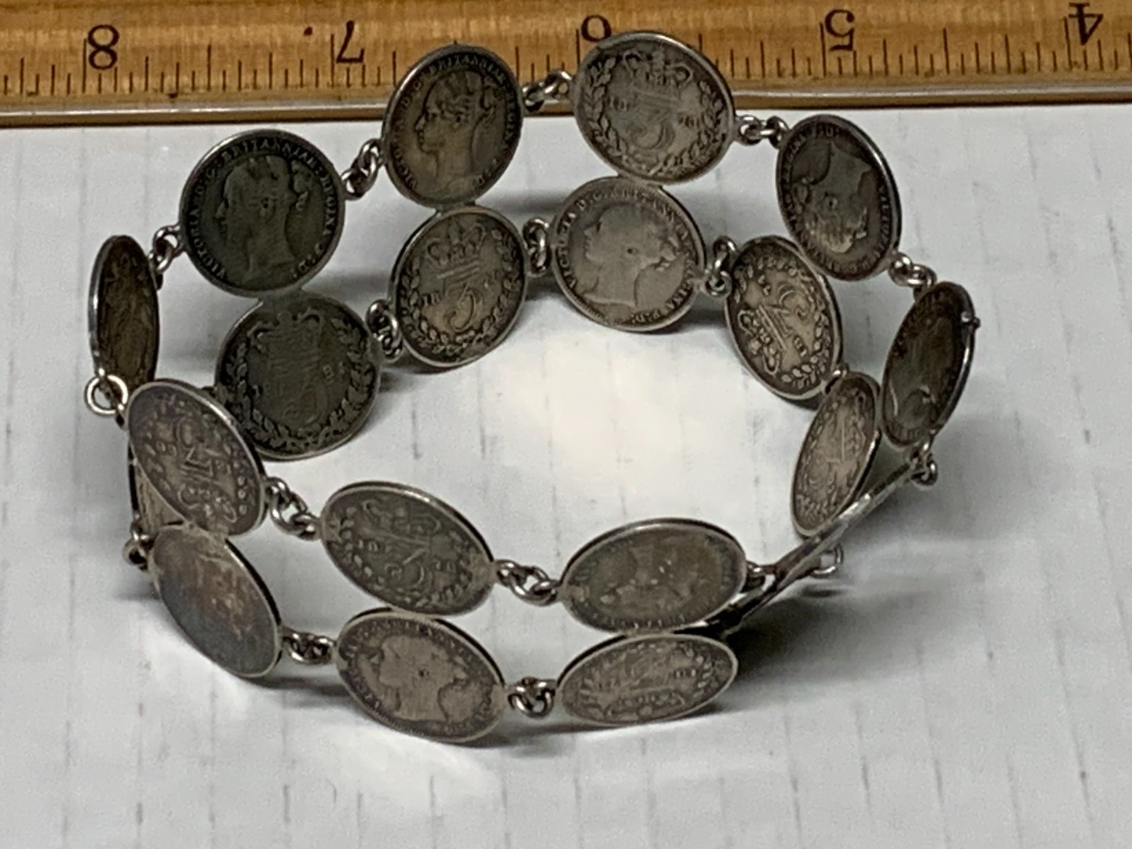 VINTAGE BRITISH COIN LINK BRACELET VICTORIAN ERA, 20-3 PENCE COINS 1873-1884
