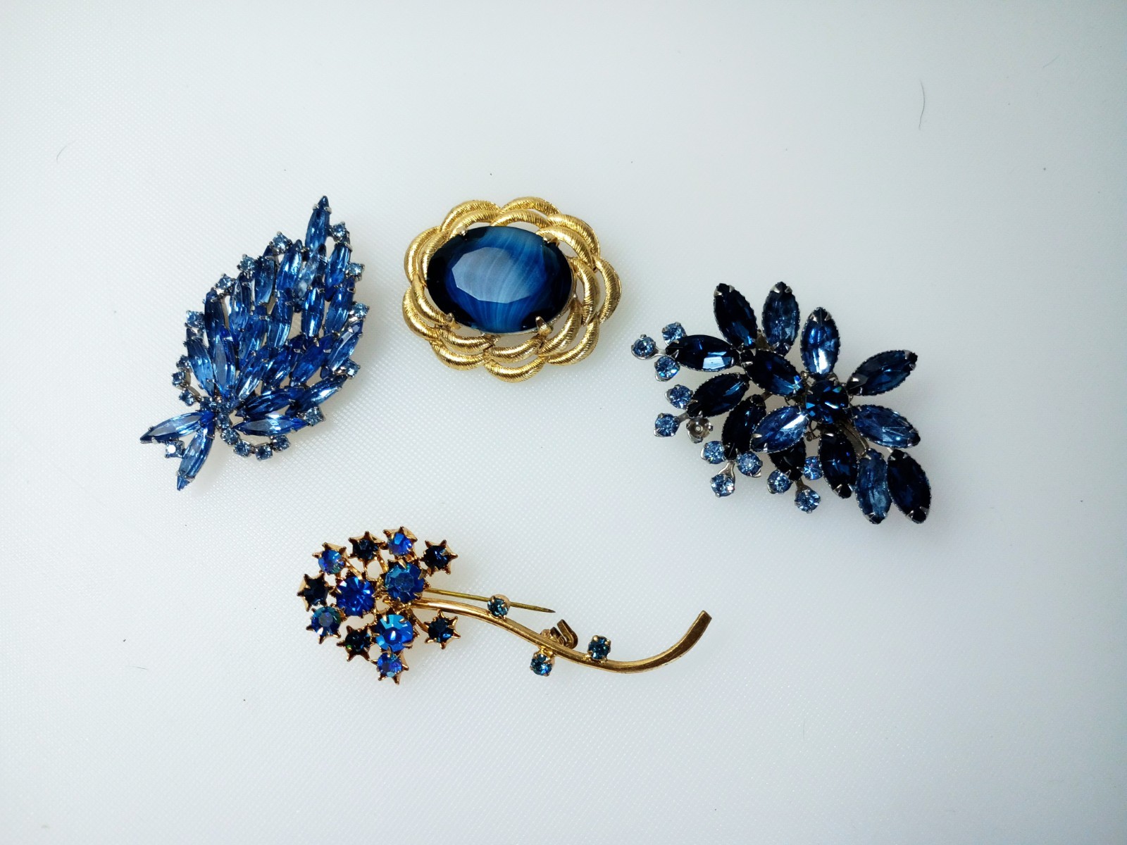 Rhinestone Costume Vintage Jewelry Lot, 4 Piece, Blue, Silver Tones, Gold Tones