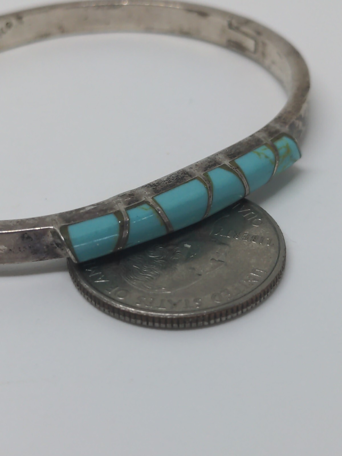 Vintage Sterling Silver 925 Blue Turquoise Mexico Hindged Bangle Bracelet 7″