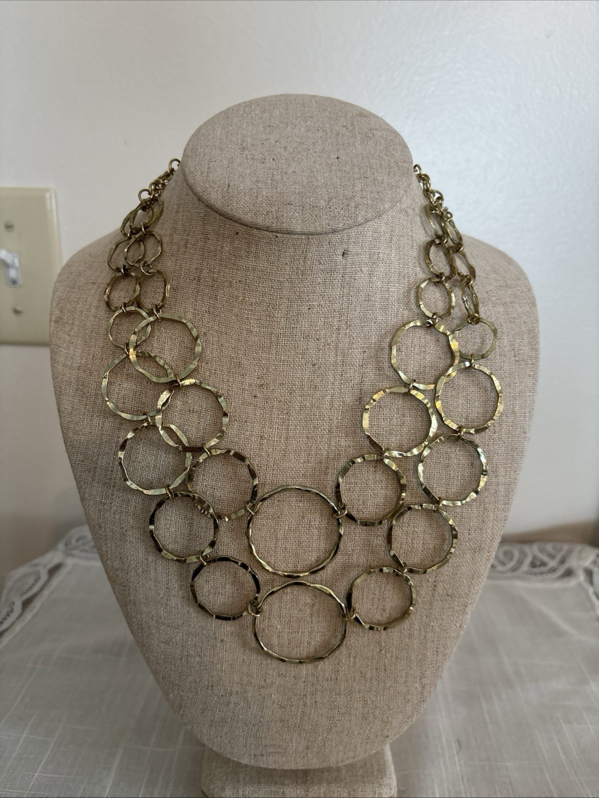 Vtg Retro 2 Strand Open Hammered Gold Plate Circle Necklace Lobster Claw Clasp
