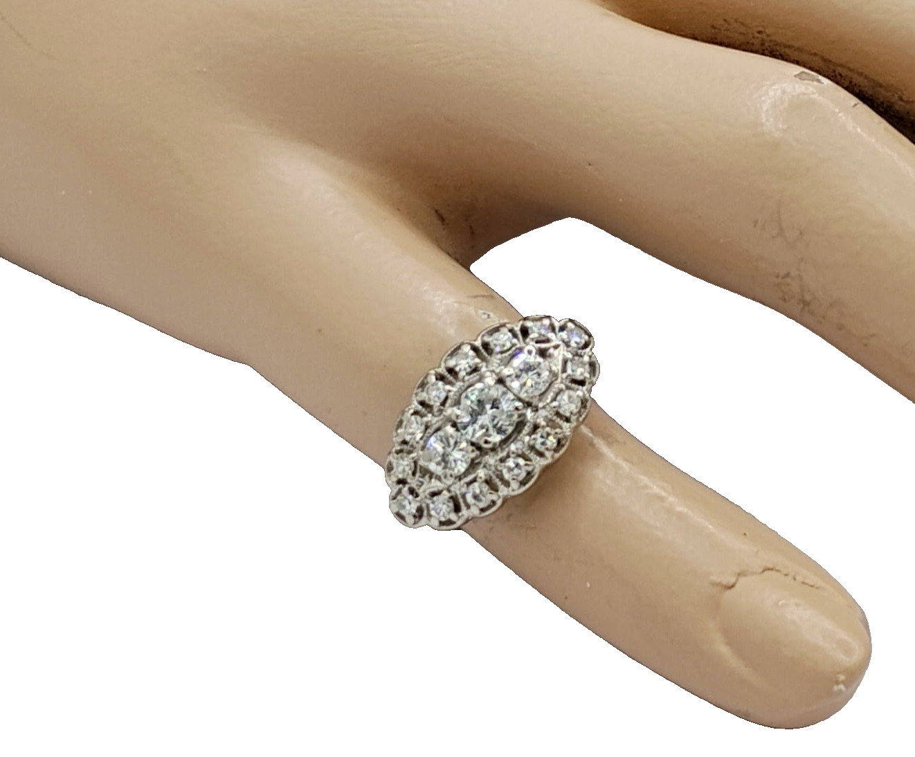 $7,500 1.00ctw ANTIQUE 3-STONE HALO WOMANS 14K WHITE GOLD THREE ROW DIAMOND RING