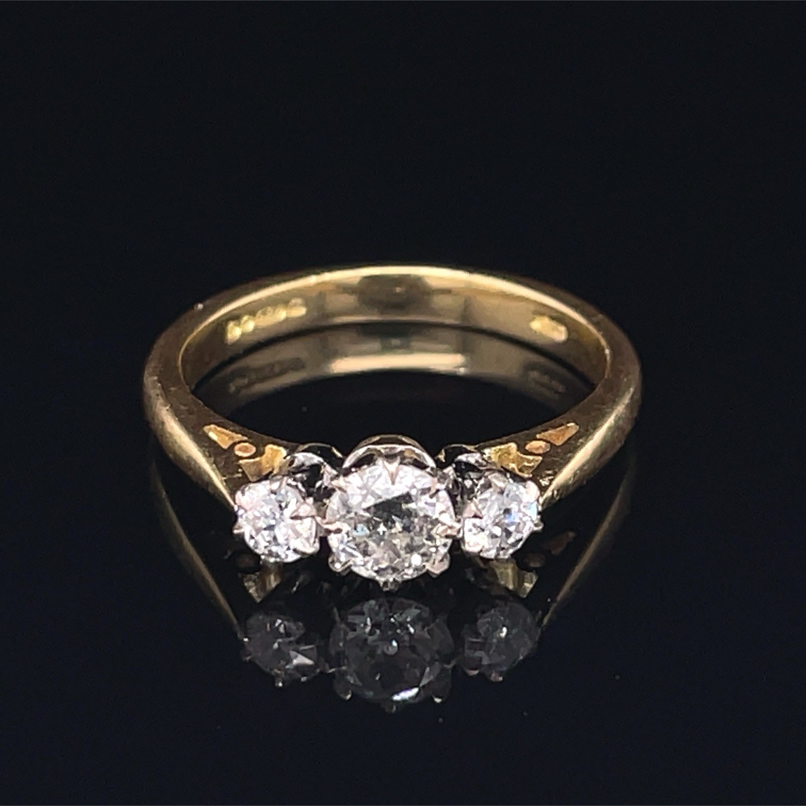 Vintage 3 Stone Old European Cut Diamond Ring 18K Gold English